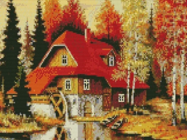 Алмазная мозаика с нанесенной рамкой 40х50 ВОДЯНАЯ МЕЛЬНИЦА (34 цвета)